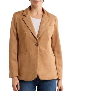 T Tahari Faux Suede Blazer Jacket Camel One Button Pockets Trending Size M